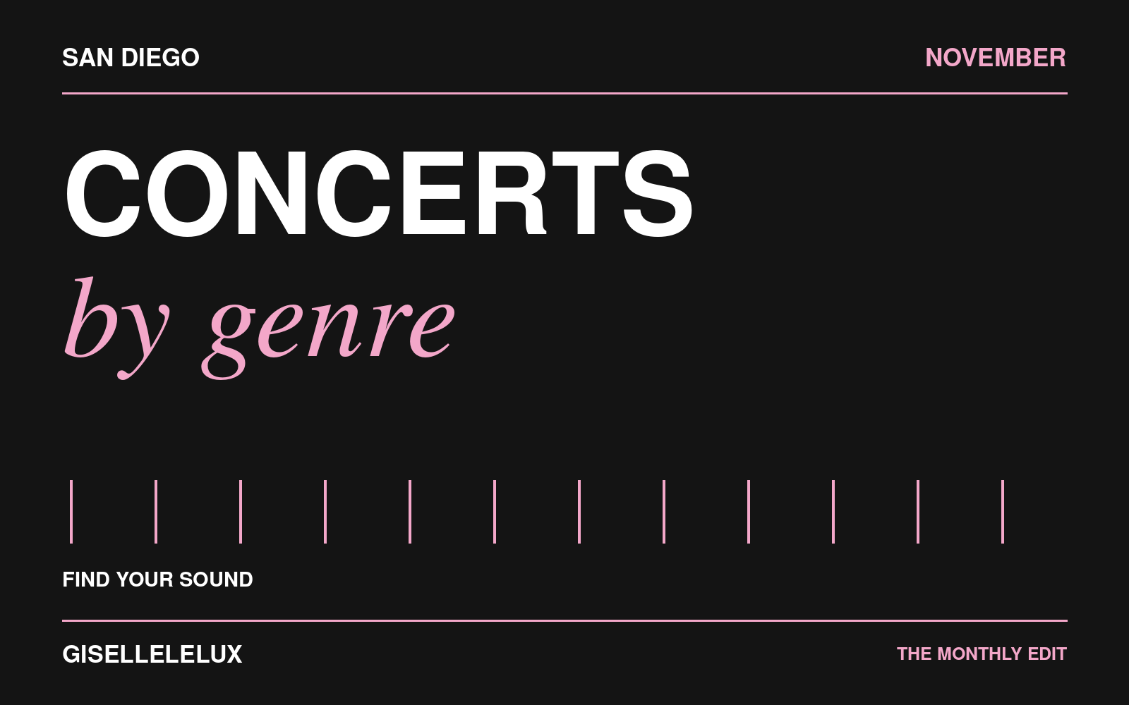 November concerts by genre in San Diego. White and pink typography on a black background with GISELLELELUX branding.