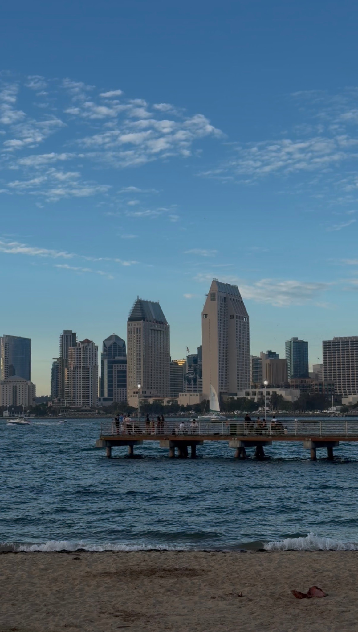 San Diego skyline across the bay, with a pier and sandy shoreline in Coronado.
