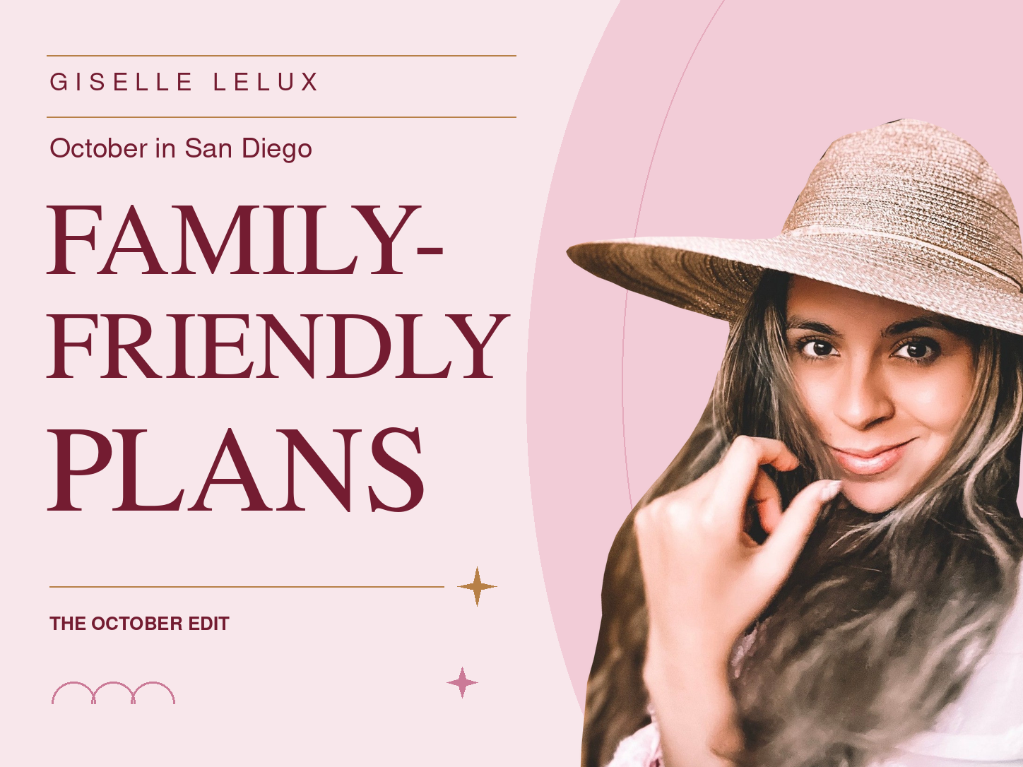 Editorial cover reading October in San Diego: Family-Friendly Plans beside Giselle’s original portrait.