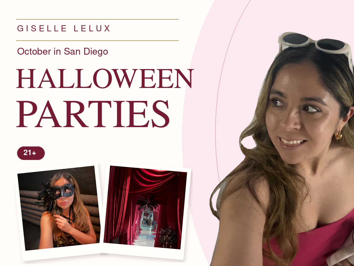 Editorial cover reading October in San Diego: Halloween Parties, ages 21 and over, with Giselle’s original portrait and seasonal photo insets.
