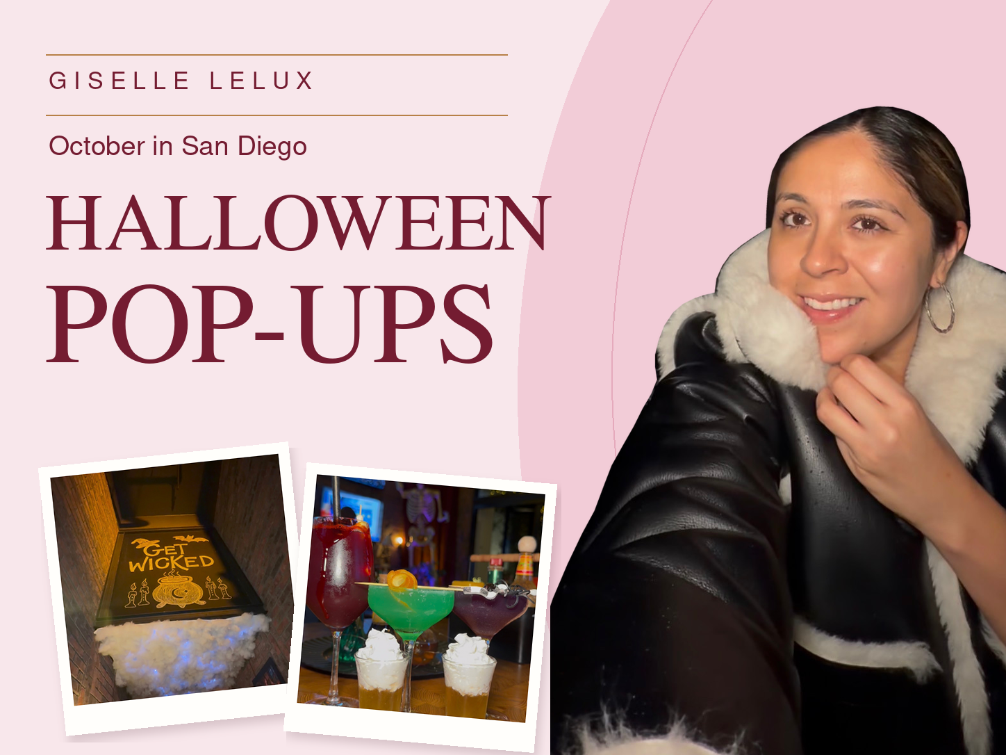 Editorial cover reading October in San Diego: Halloween Pop-Ups, with Giselle’s original portrait and seasonal photo insets.