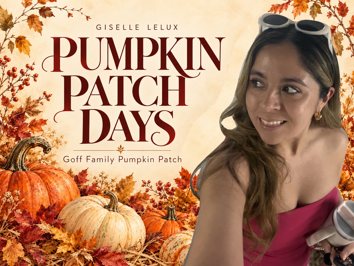 Editorial cover with Giselle’s original-photo portrait beside the title Pumpkin Patch Days and Goff Family Pumpkin Patch, with illustrated pumpkins and autumn leaves.