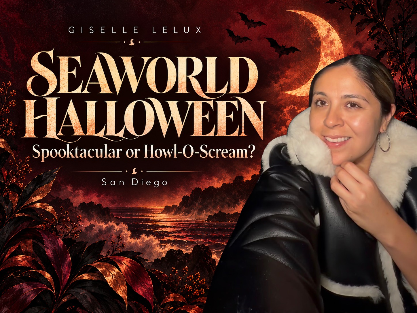 Editorial cover with Giselle’s original-photo portrait beside the title SeaWorld Halloween, with illustrated bats, a crescent moon and autumn foliage.