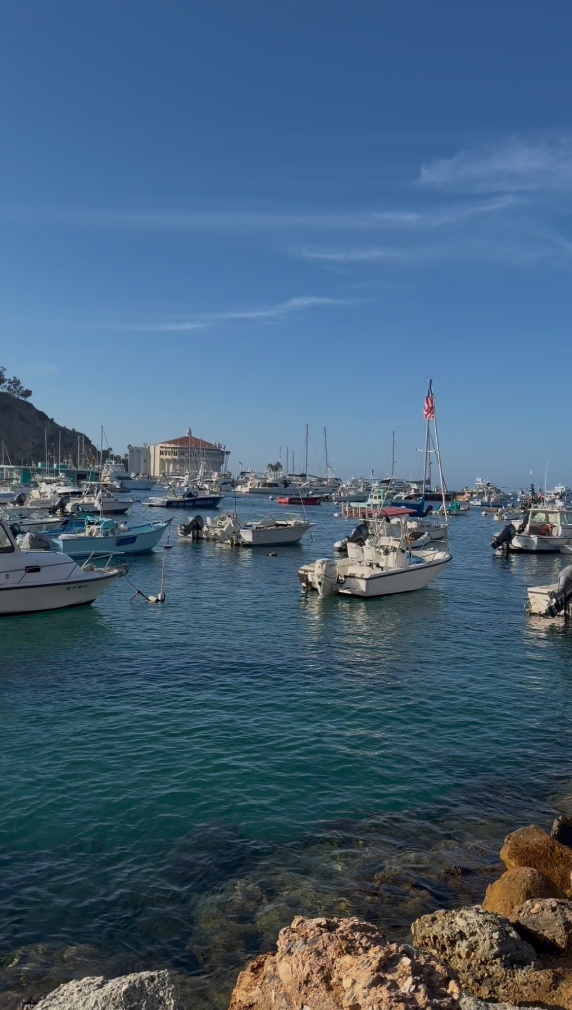 Boats in Avalon Harbor with the Catalina Casino building across the water.