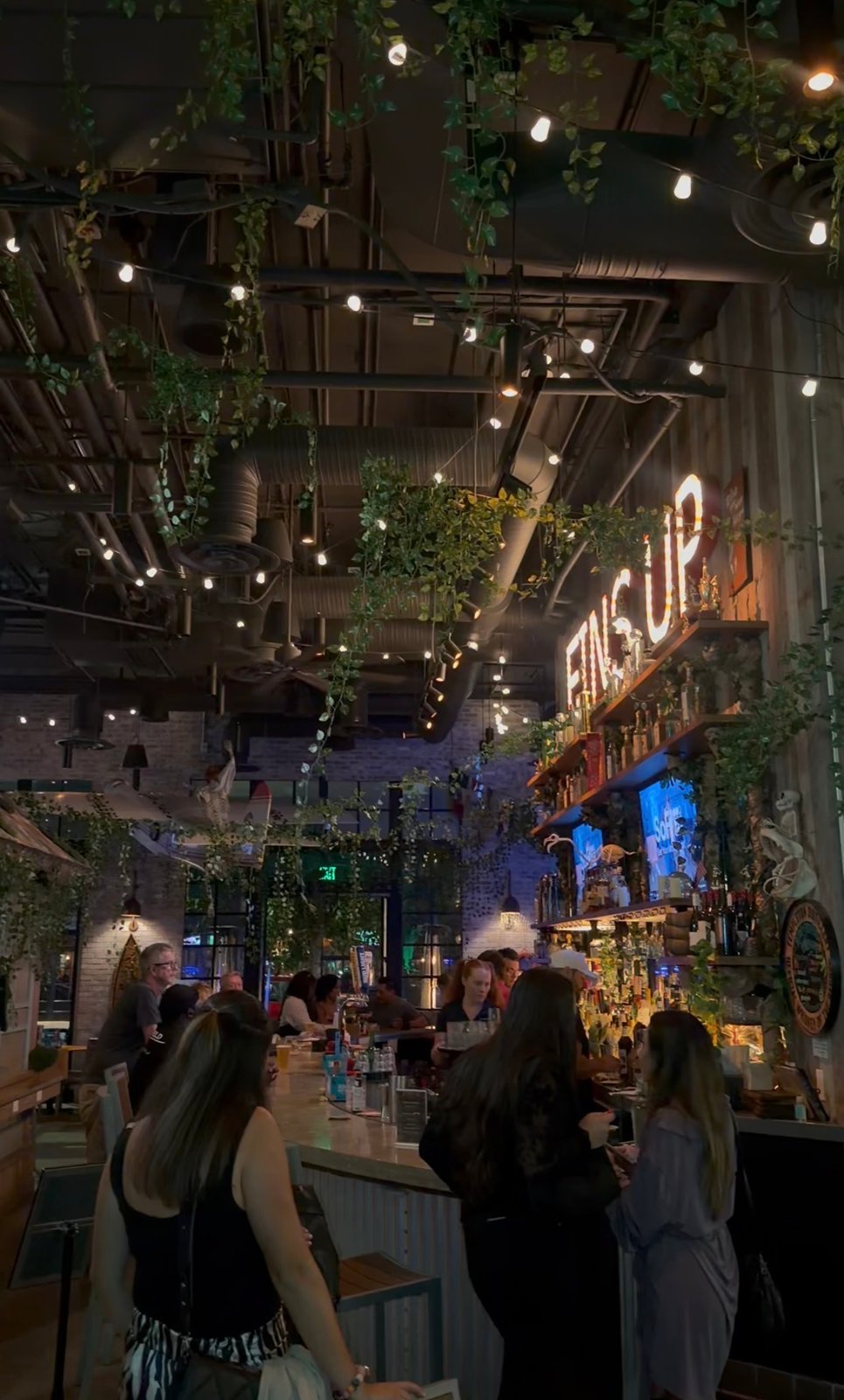 Guests at the LandShark bar beneath hanging vines, string lights and an illuminated Fins Up sign during Lost Temple Tavern.